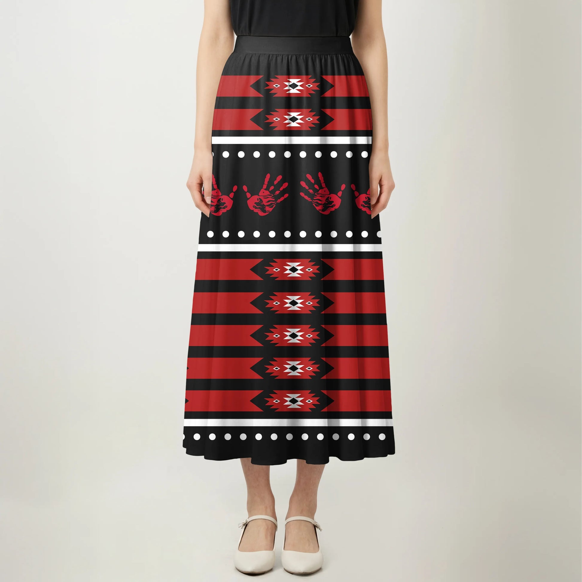 Black Skirt Maxi with red MMIW handprint, tribal patterns, and "MMIW" text.