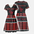  Black V-neck wrap dress with red MMIW handprint, tribal patterns, and 