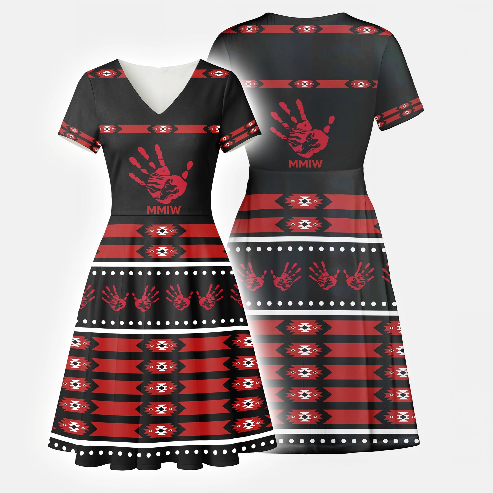  Black V-neck wrap dress with red MMIW handprint, tribal patterns, and "MMIW" text.