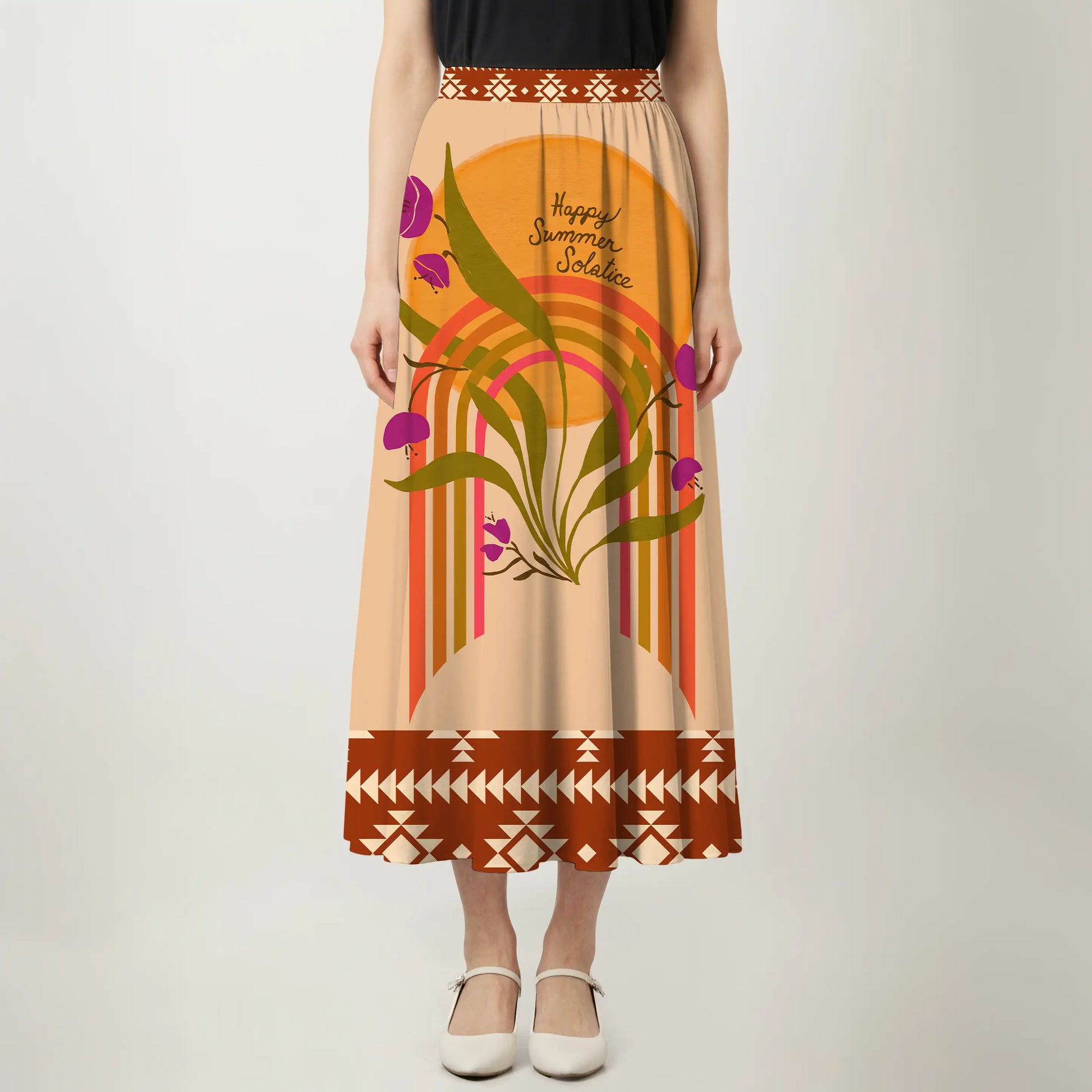 Maxi skirt with warm rainbow arcs, leaves, and blooming flowers