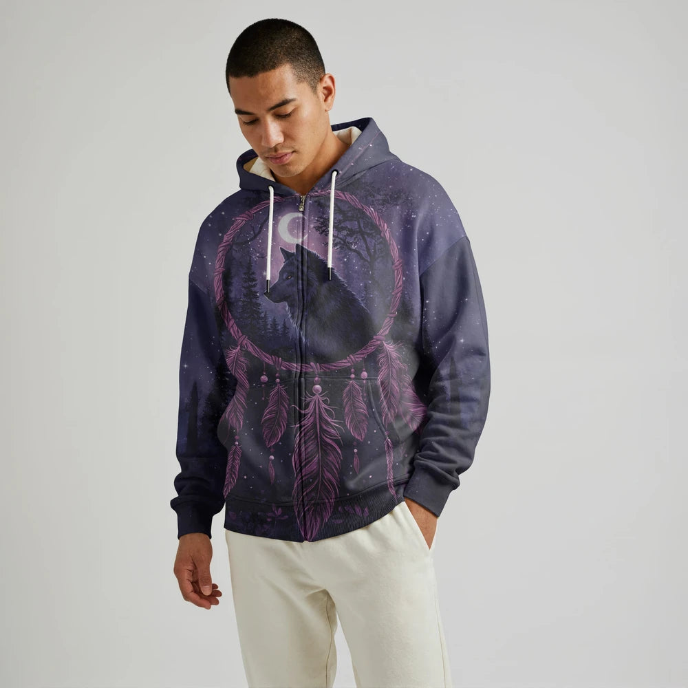 Front-facing male model wearing a purple Dreamcatcher–patterned Native-inspired blanket hoodie with relaxed fit and kangaroo pocket