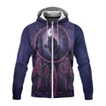 Front view of a zip-up fleece jacket showcasing a detailed purple dreamcatcher with a wolf profile inside, set against a dark forest and starry sky, with a crescent moon overhead.