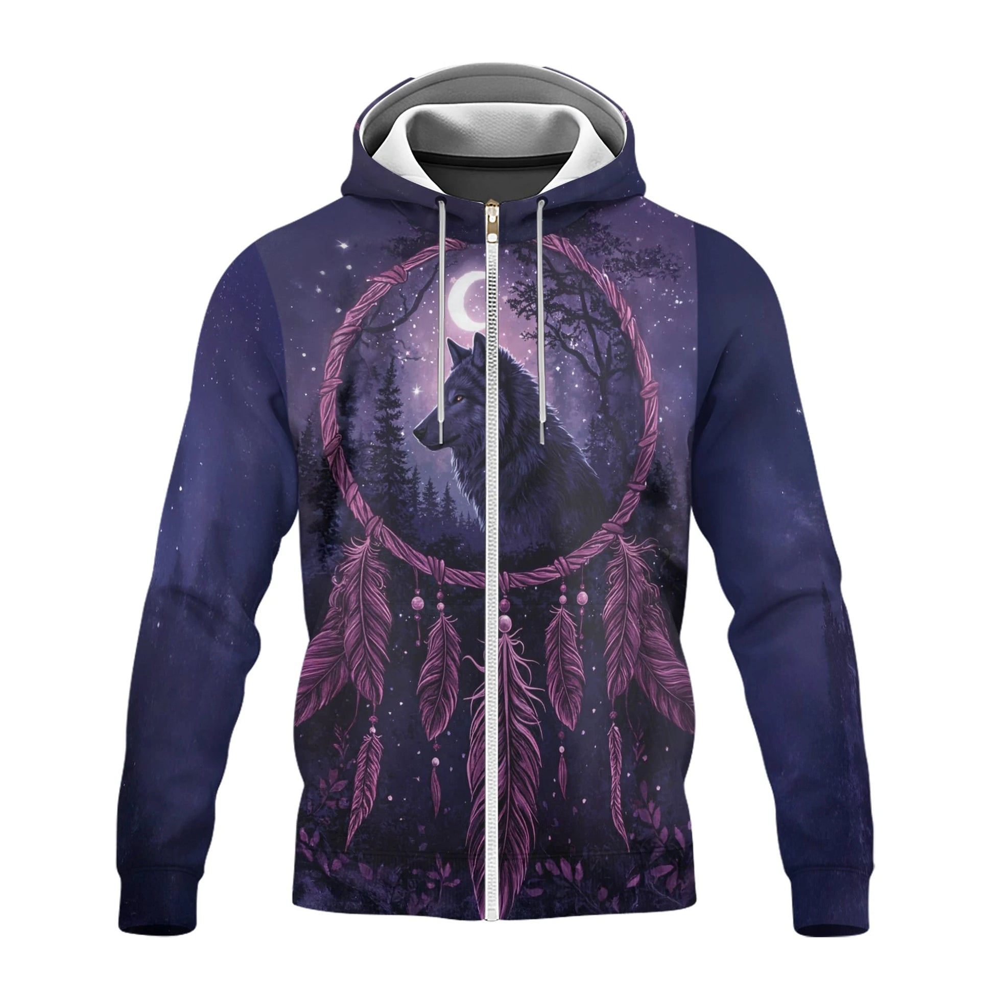 Front view of a zip-up fleece jacket showcasing a detailed purple dreamcatcher with a wolf profile inside, set against a dark forest and starry sky, with a crescent moon overhead.