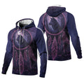 Front and back views of a zip-up fleece jacket featuring a purple dreamcatcher design with a howling wolf silhouette, starry night sky, and crescent moon on a deep indigo background.