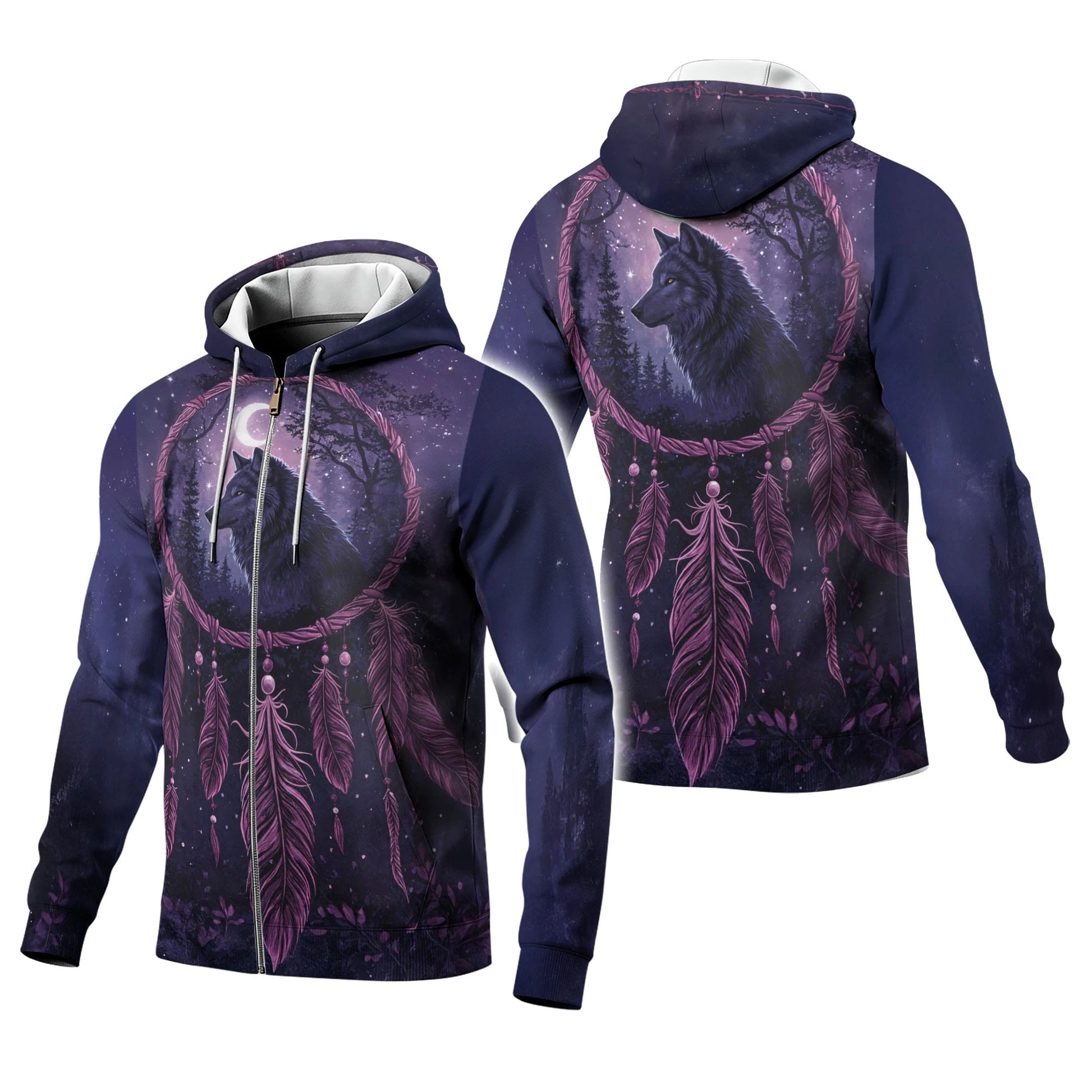 Front and back views of a zip-up fleece jacket featuring a purple dreamcatcher design with a howling wolf silhouette, starry night sky, and crescent moon on a deep indigo background.