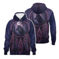 Back and front view of a hoodie highlighting the purple dreamcatcher frame filled with trees and a wolf head, below hanging feathers and beads, all against a night-sky backdrop.