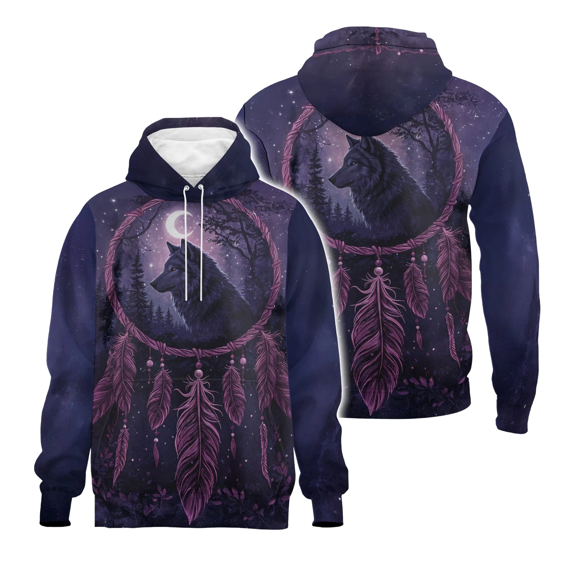 Back and front view of a hoodie highlighting the purple dreamcatcher frame filled with trees and a wolf head, below hanging feathers and beads, all against a night-sky backdrop.