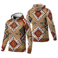 Front and back view of a fleece jacket featuring a detailed Native American tribal pattern in warm earthy tones