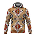 Angled front and back view of a tribal-pattern fleece hoodie with bold Southwestern motifs and detailed geometric designs.