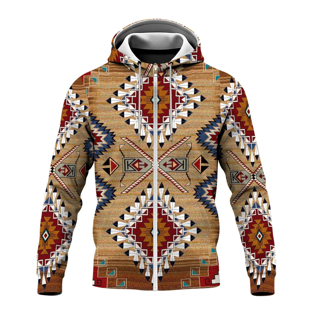 Angled front and back view of a tribal-pattern fleece hoodie with bold Southwestern motifs and detailed geometric designs.