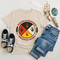Beige Native America t-shirt with colorful handprint graphic for Missing & Murdered Indigenous Women awareness.