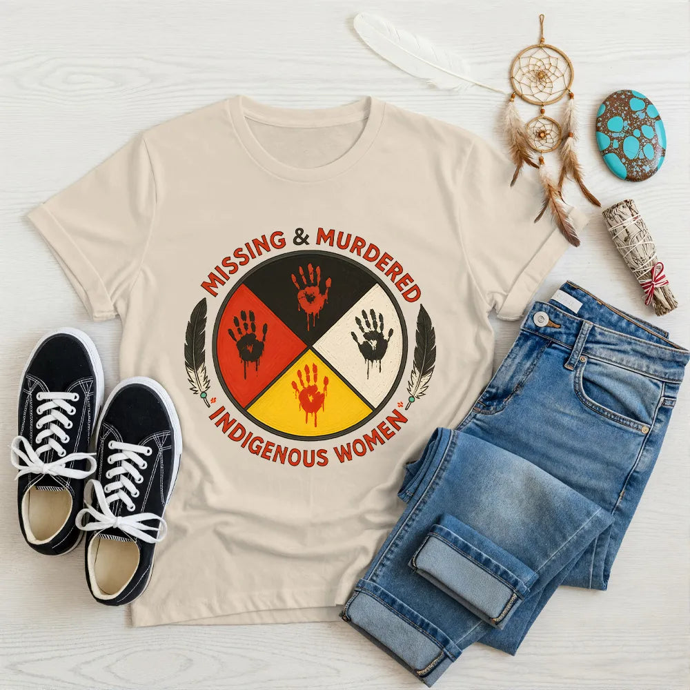 Beige Native America t-shirt with colorful handprint graphic for Missing & Murdered Indigenous Women awareness.