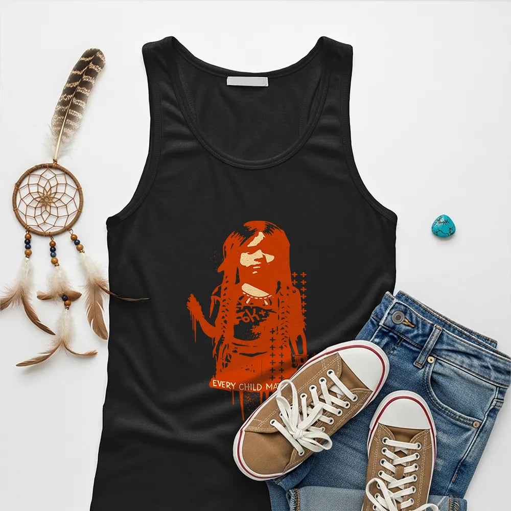 White tank top with meaningful Every Child Matters graphic inspired by Native American history.