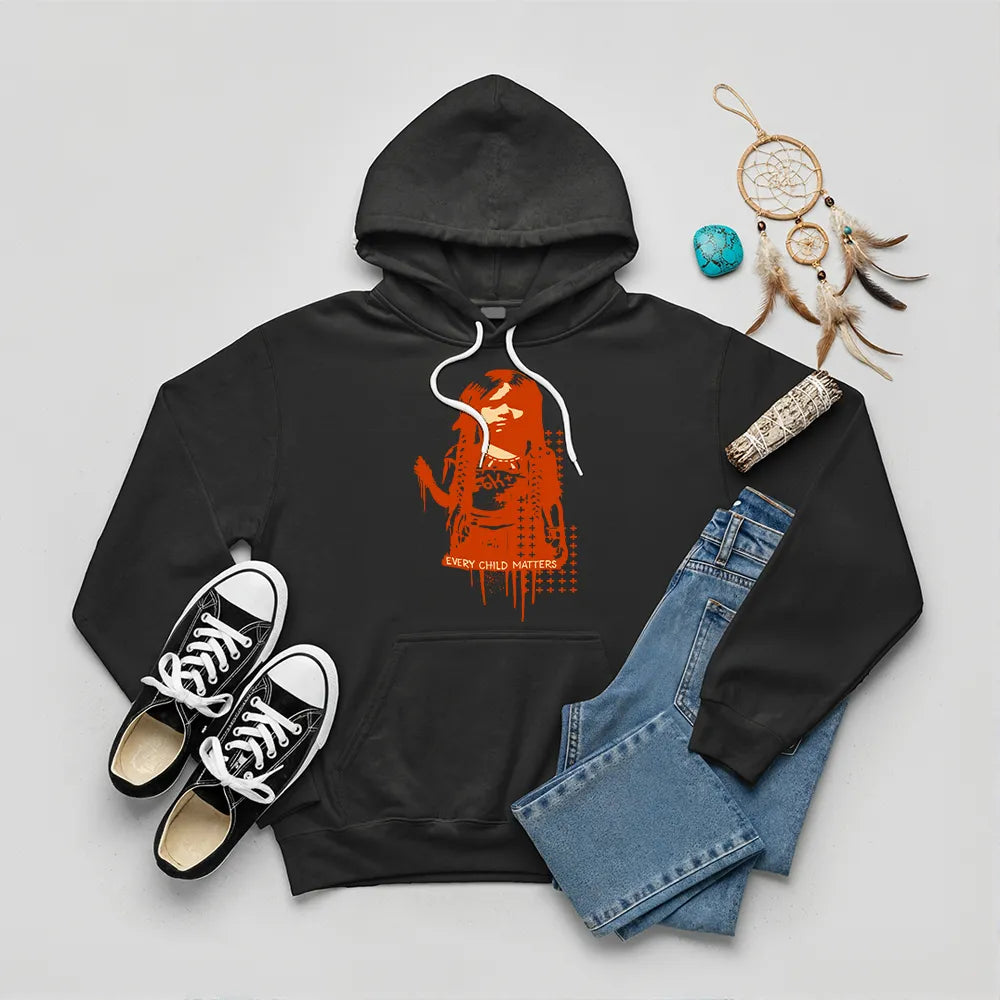 Black hoodie with Native American child silhouette and Every Child Matters quote