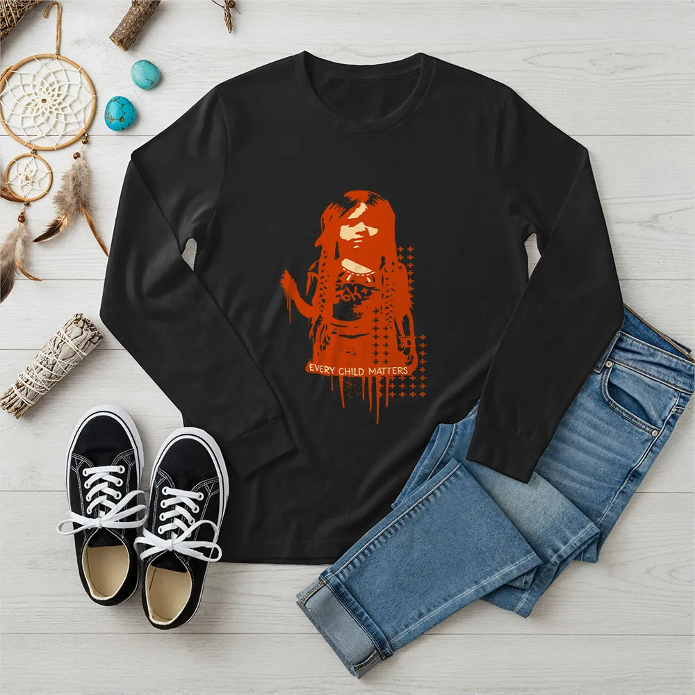 Black Native America long sleeve shirt with Every Child Matters design inspired by Indigenous culture