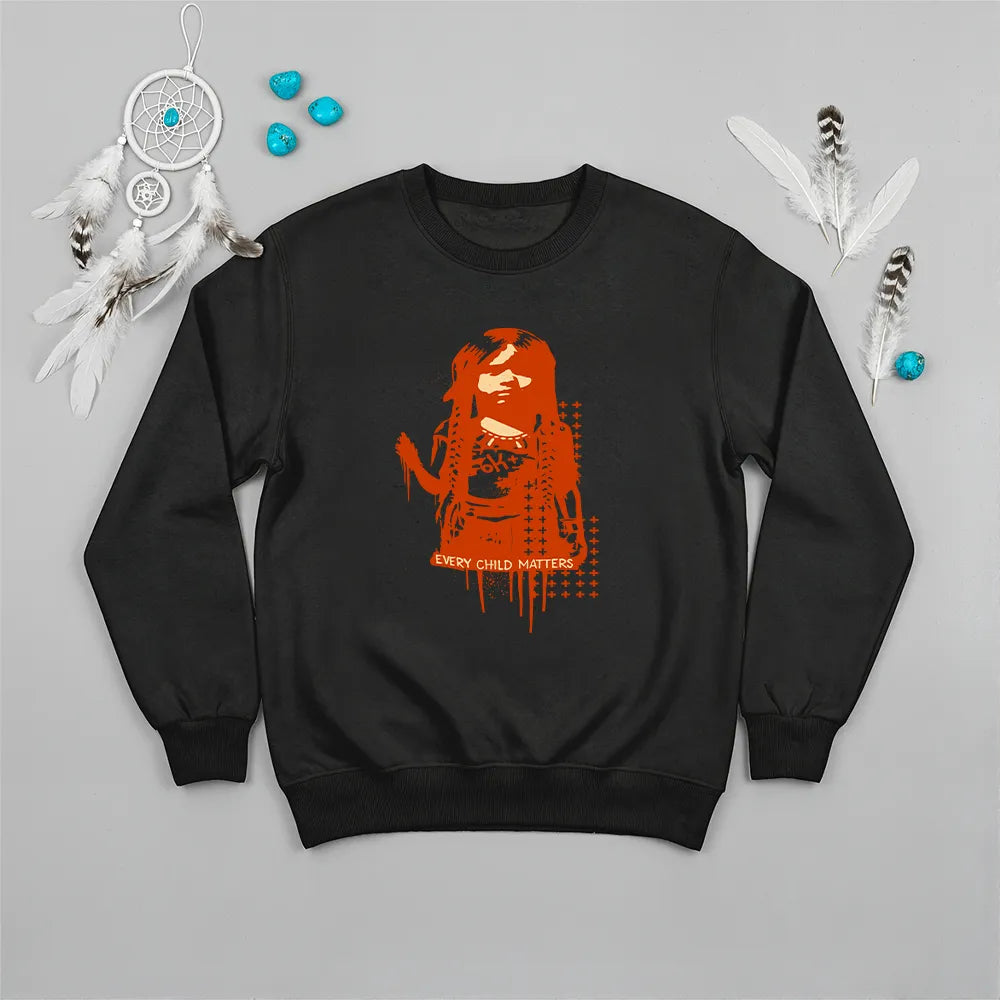 Black Native America sweatshirt featuring Indigenous girl artwork and Every Child Matters slogan