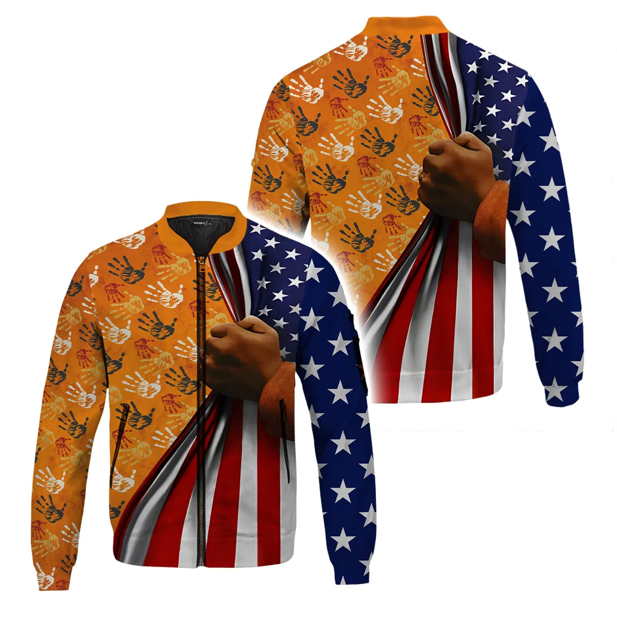 Bomber jacket with powerful Native American handprints and American flag theme.