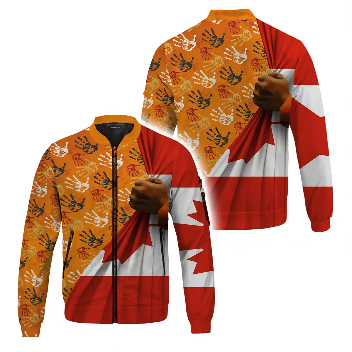 Bomber jacket with handprint design and Canadian flag, honoring Native American communities.