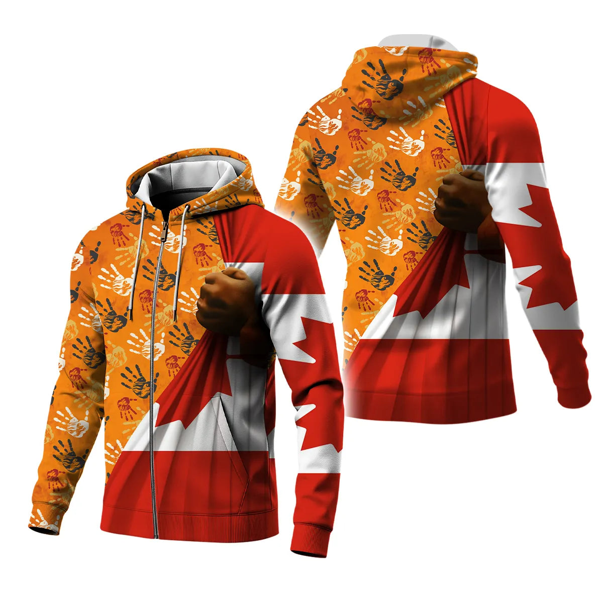 Fleece jacket featuring handprints and Canadian flag design, for awareness and cultural expression.