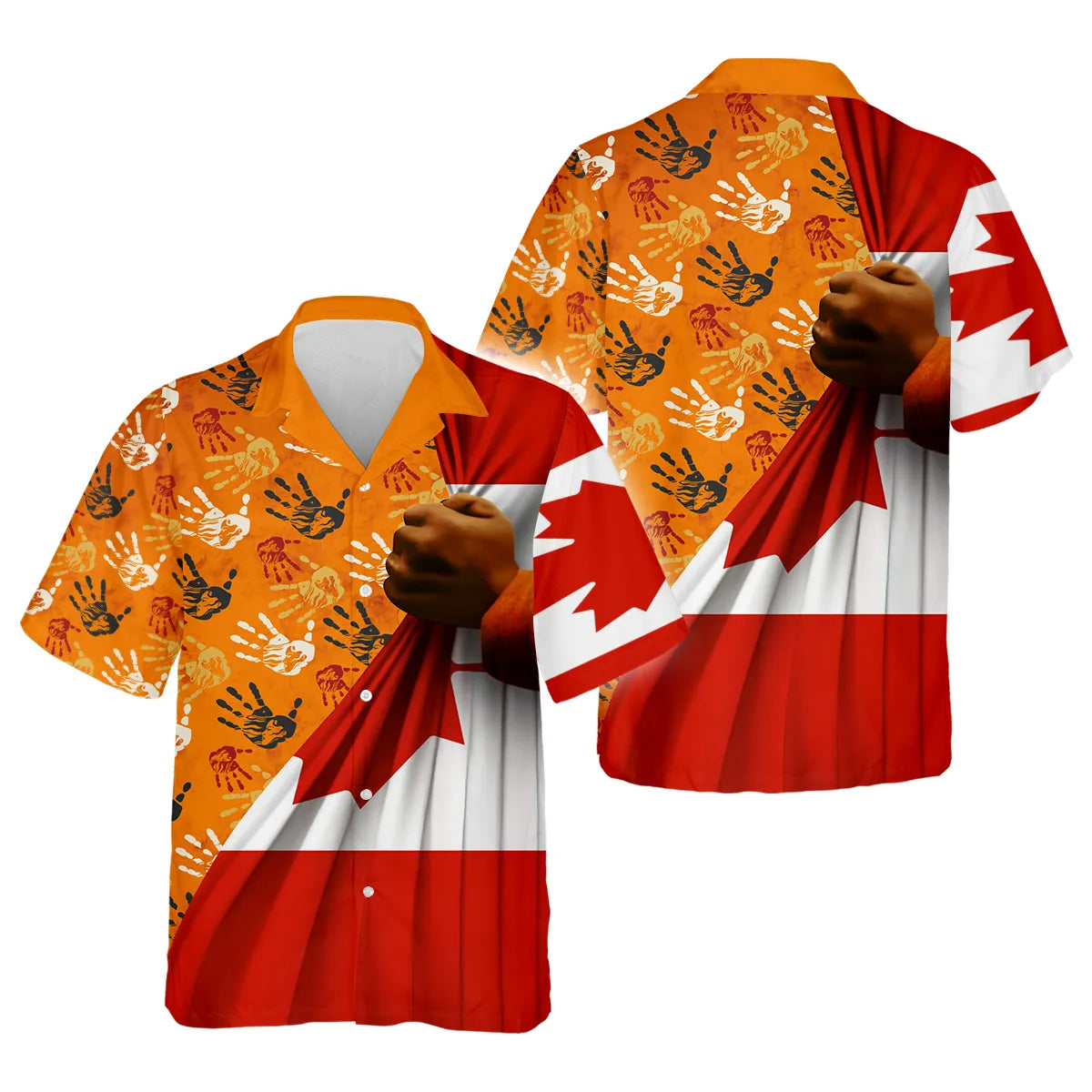 Hawaiian with Canadian flag and handprint design, celebrating Native American culture and awareness.