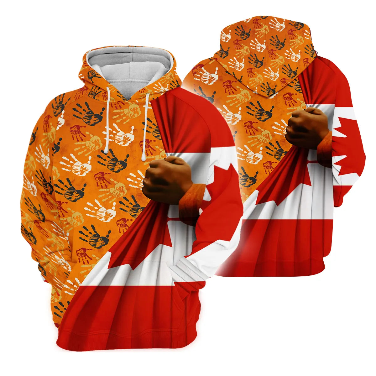 Hoodie with Canadian flag and handprint design, celebrating Native American culture and awareness.