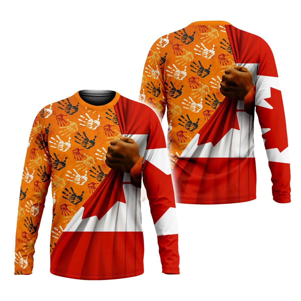 Long sleeve T-shirt with orange handprints and Canadian flag, ideal for awareness and cultural events.