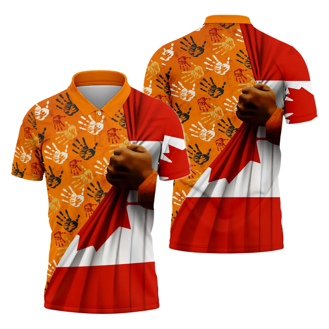 Polo shirt featuring orange handprints and Canadian flag with a symbolic fist.