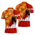 Polo shirt featuring orange handprints and Canadian flag with a symbolic fist.