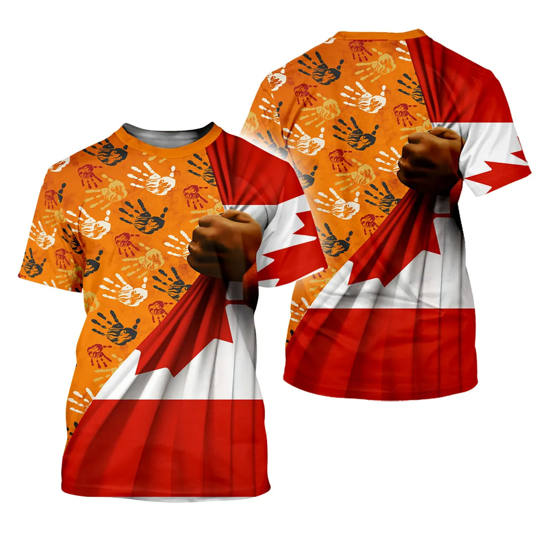 Polo shirt featuring orange handprints and Canadian flag with a symbolic fist.