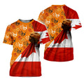 Short-sleeve shirt featuring Canadian flag, orange handprints, and symbolic design.