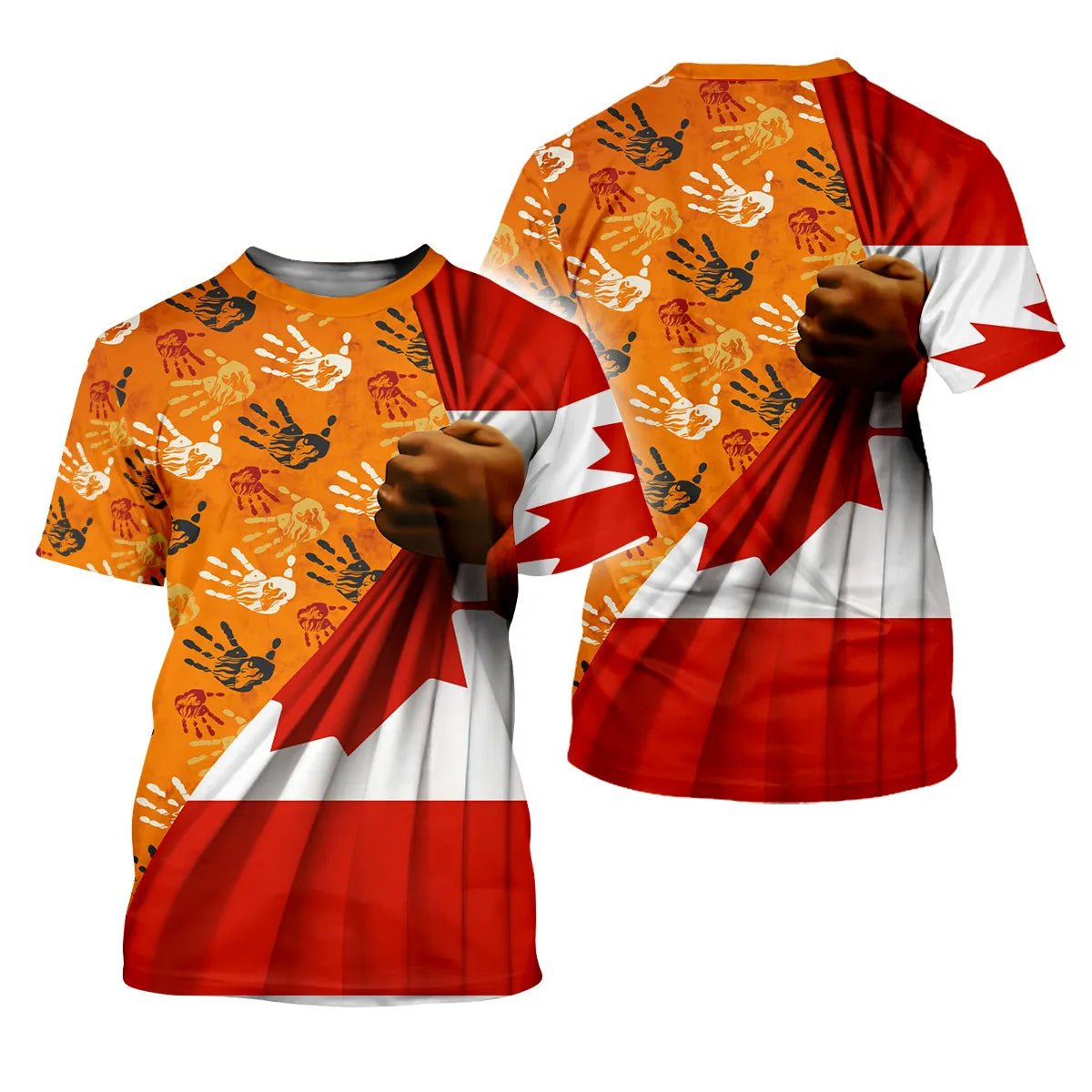 Short-sleeve shirt featuring Canadian flag, orange handprints, and symbolic design.