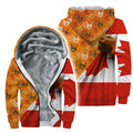 Velvet jacket with bold handprint design and Canadian flag for cultural pride and awareness.