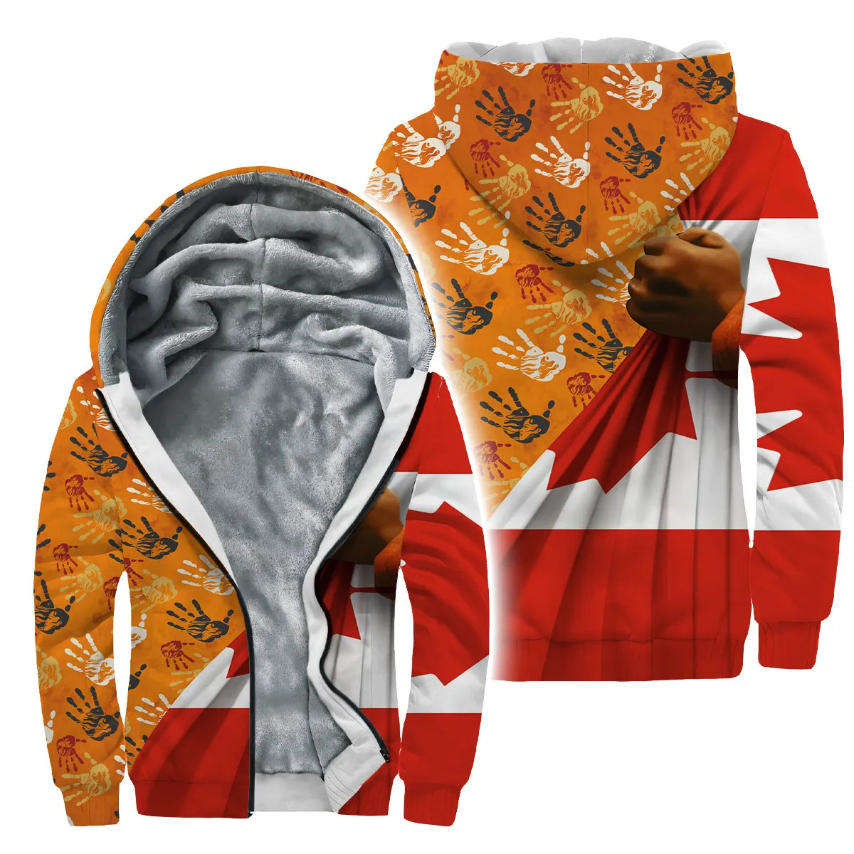 Velvet jacket with bold handprint design and Canadian flag for cultural pride and awareness.