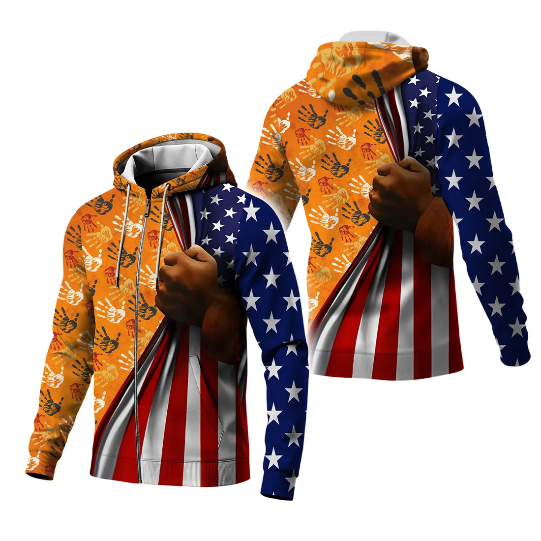 Fleece jacket with Native American handprints and American flag design featuring a clenched fist.
