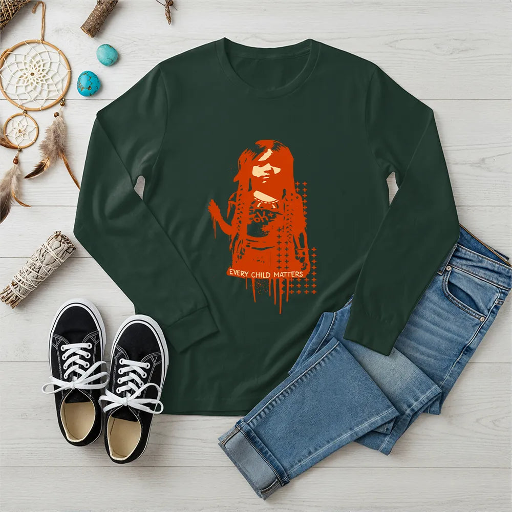 Forest green Native America long sleeve shirt with Every Child Matters design inspired by Indigenous culture