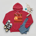 Red hoodie featuring Native American graphic with chief headgear and the slogan 'Oh Sure Now You’re Against Immigration.'