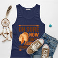 Navy Native America graphic tank top with 'Oh Sure Now You’re Against Immigration' text and a traditional Indian chief headgear design