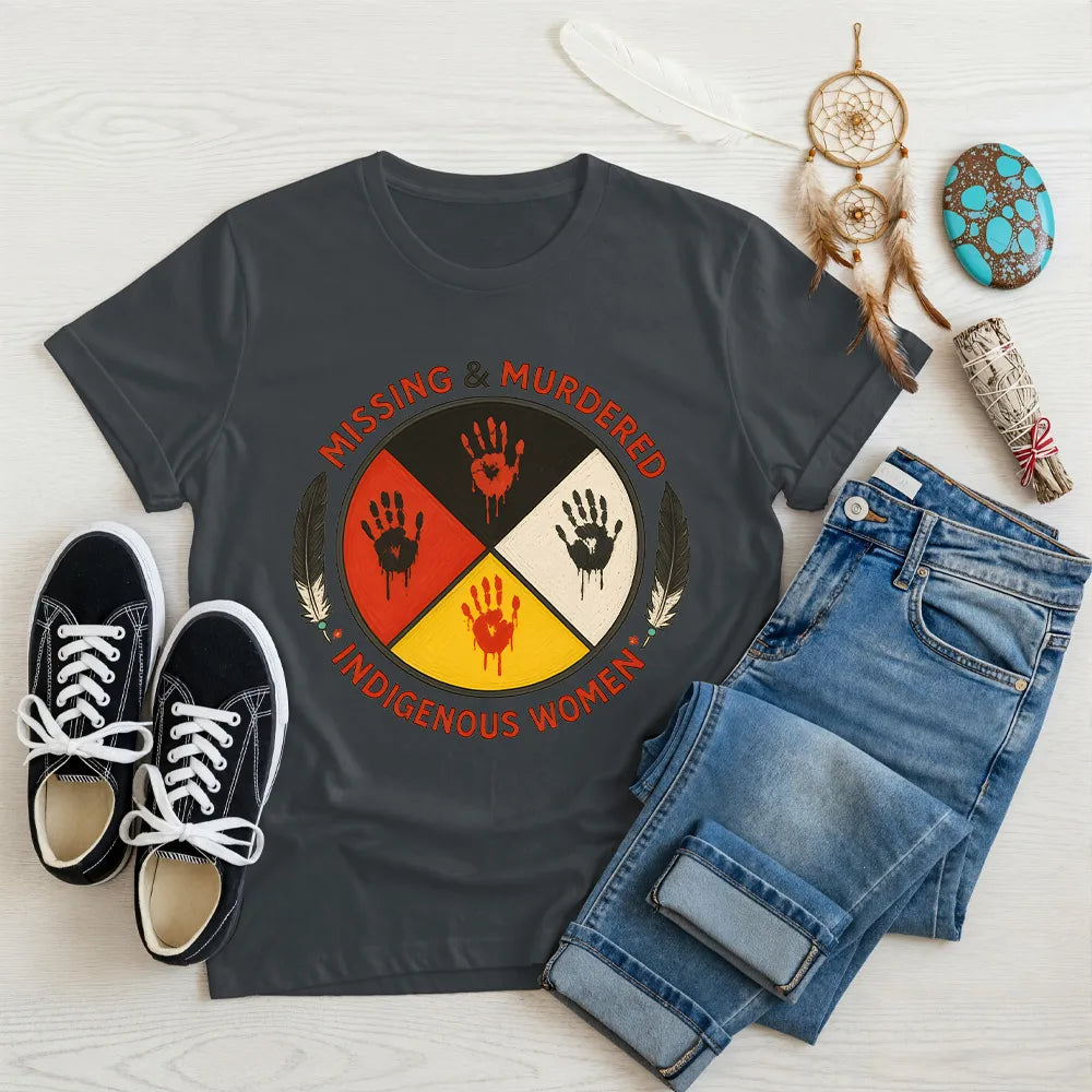 Gray Native America t-shirt with Missing & Murdered Indigenous Women handprint graphic.