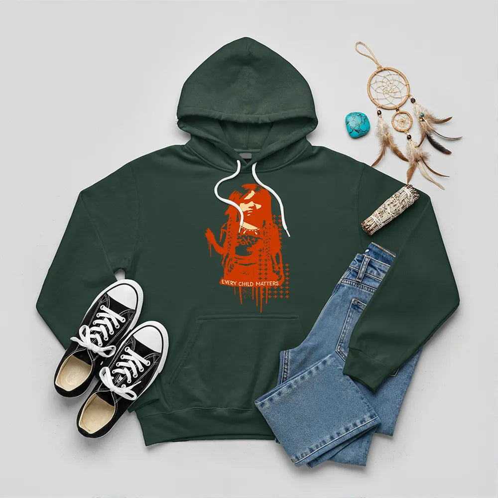 Green hoodie with Native American child silhouette and Every Child Matters quote