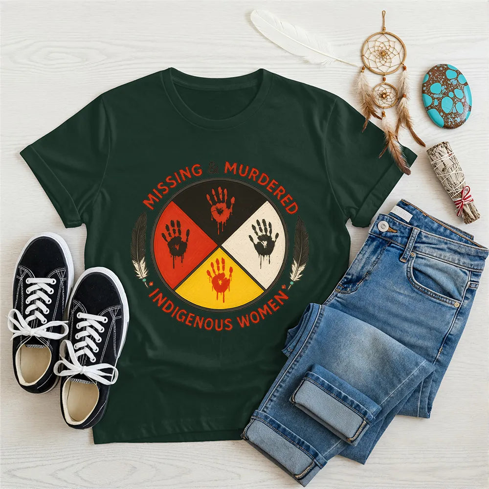 Green Native America t-shirt featuring the Missing & Murdered Indigenous Women graphic with handprints.