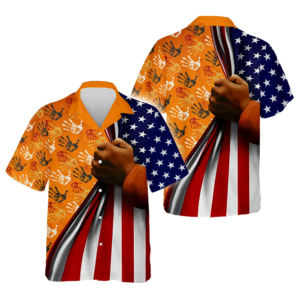 Hawaiian Shirt with Native American handprints and an American flag inspired design.
