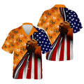 Hawaiian Shirt with Native American handprints and American flag design featuring a clenched fist.