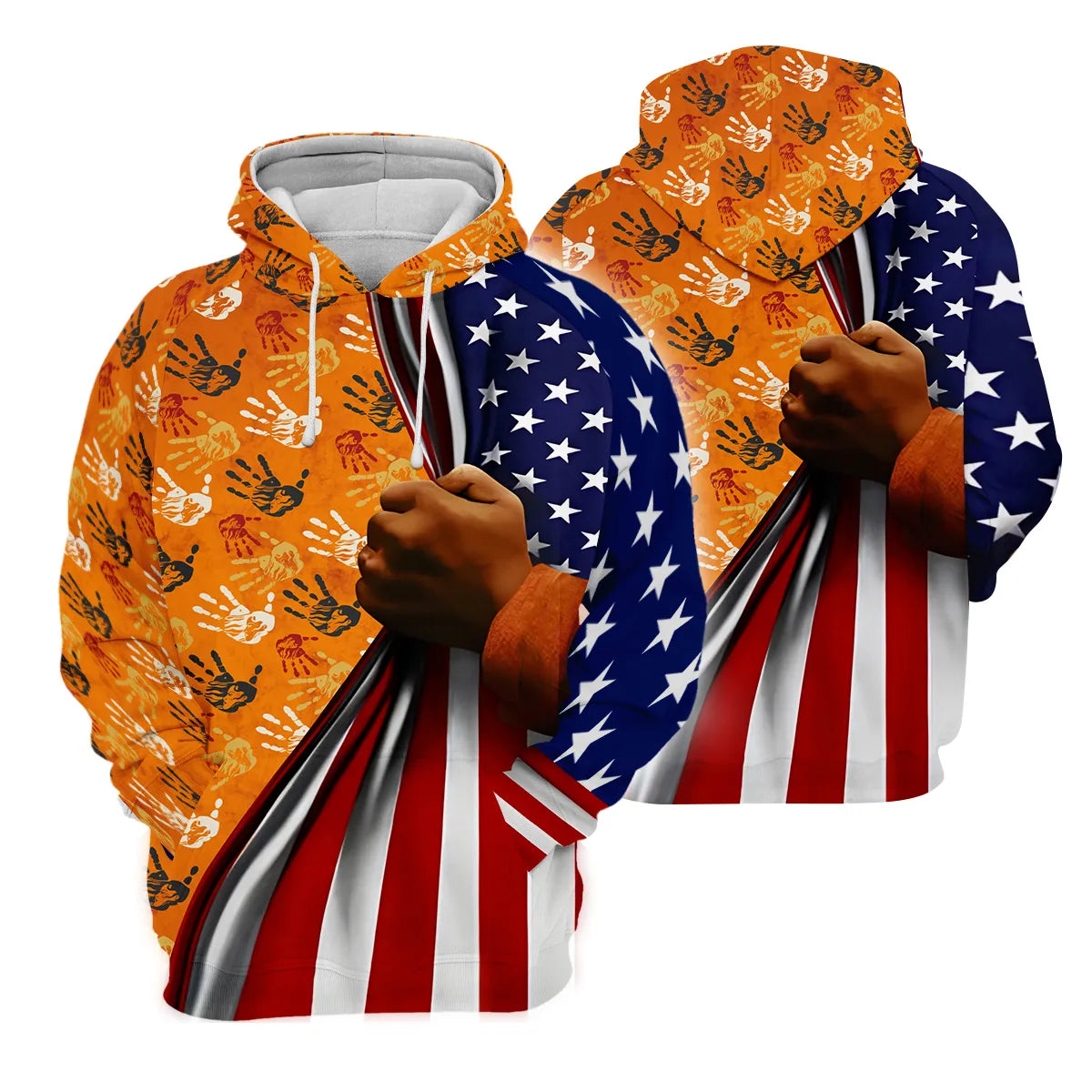 Hoodie with Native American handprints, clenched fist, and American flag design.