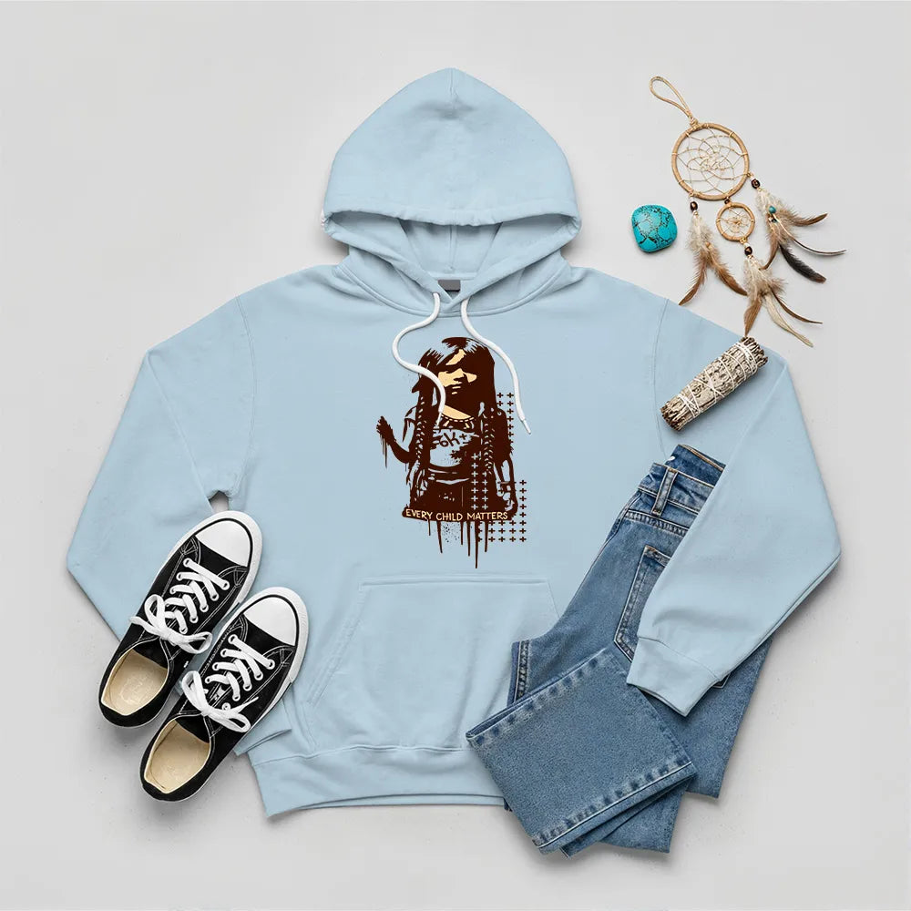 Light blue hoodie with Native American child silhouette and Every Child Matters quote