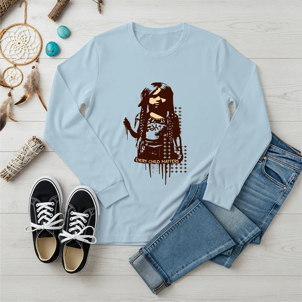 Light blue Native America long sleeve shirt with Every Child Matters design inspired by Indigenous culture