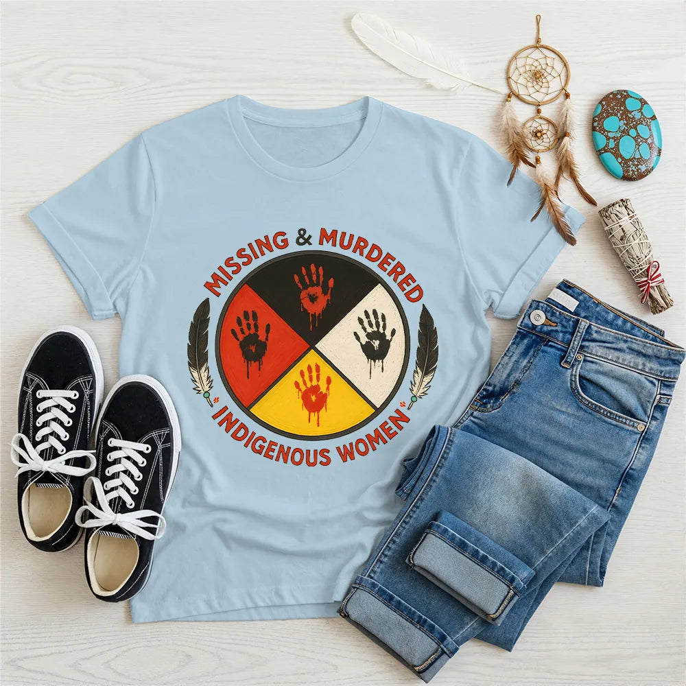 Navy Native America t-shirt with Missing & Murdered Indigenous Women design and handprints.