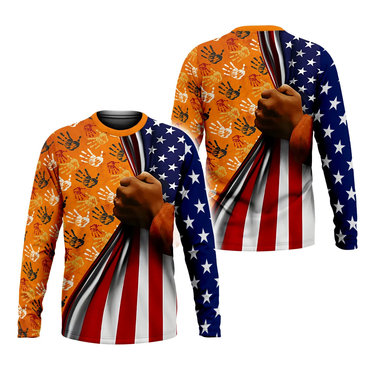 Long sleeve shirt with Native American handprints and an American flag inspired design.