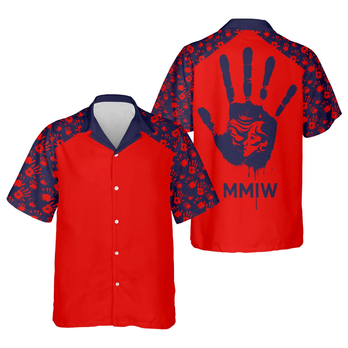 A stylish button-down shirt in red with the Native American “MMIW” Handprint Motif. Featuring striking handprints and a thought-provoking design on the back, this shirt is perfect for making a statement while supporting the Missing and Murdered Indigenous Women movement.