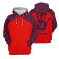 A bold red hoodie with a graphic Native American “MMIW” Handprint Motif. Featuring red handprints on the sleeves and a powerful back print, this hoodie serves as a wearable tribute to the Missing and Murdered Indigenous Women movement.