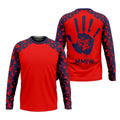  A long sleeve red t-shirt with Native American “MMIW” Handprint Motif artwork in navy and red. The shirt symbolizes unity and remembrance for the MMIW movement, with detailed handprints on the arms and a powerful message at the back.